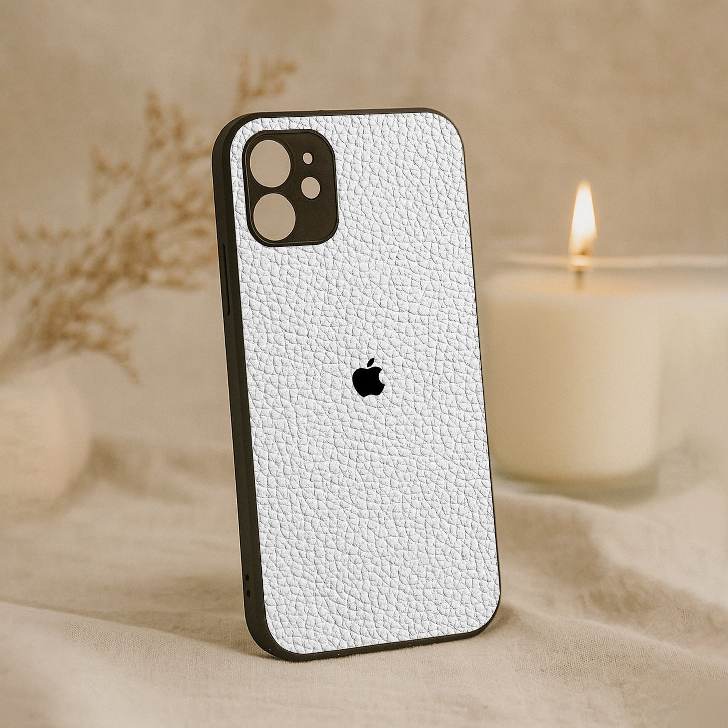 White Leather Metal Back Case for Apple Iphone 12