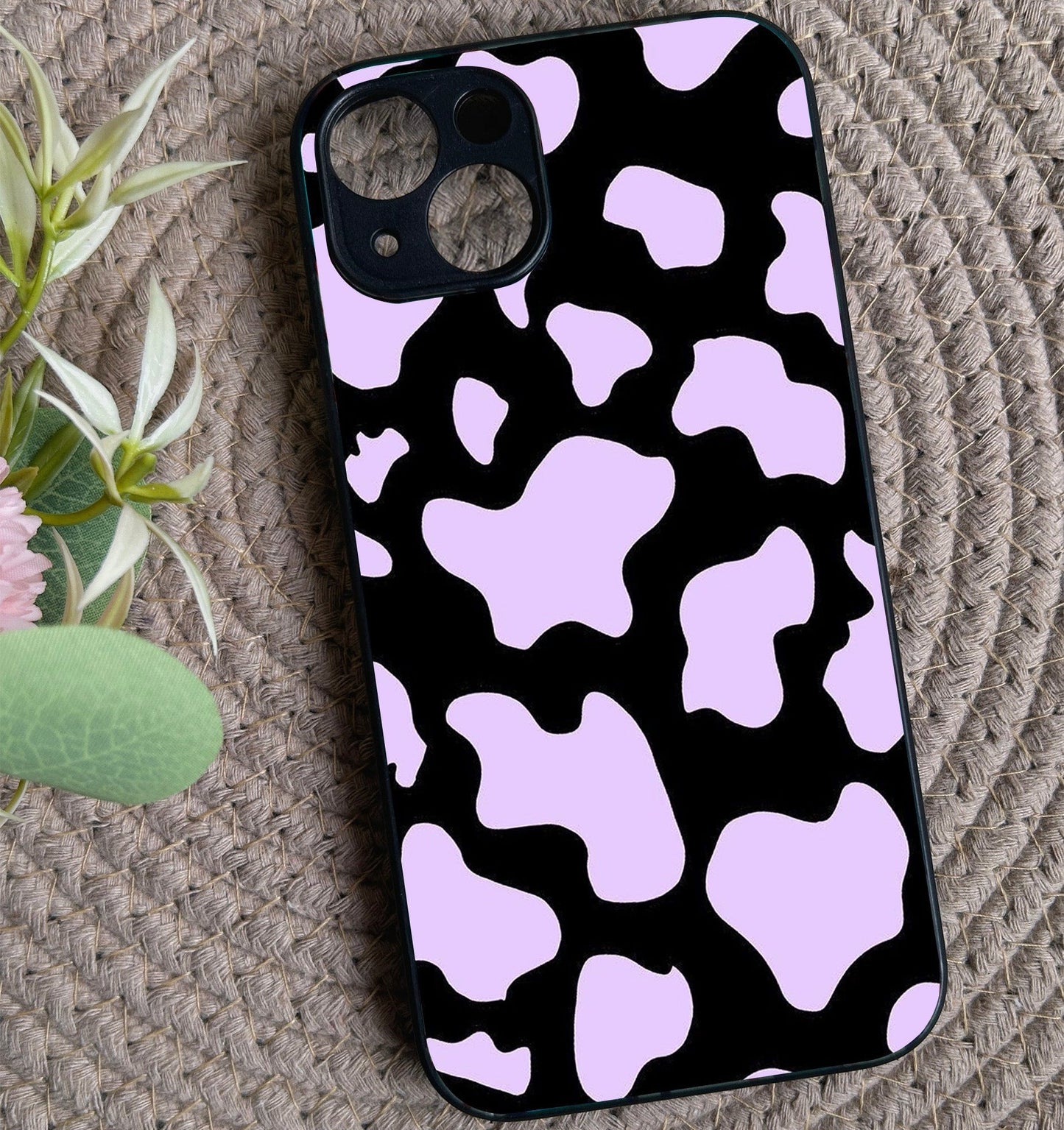 Lavender Cow Print Glossy Metal Back Case for Apple Iphone 14