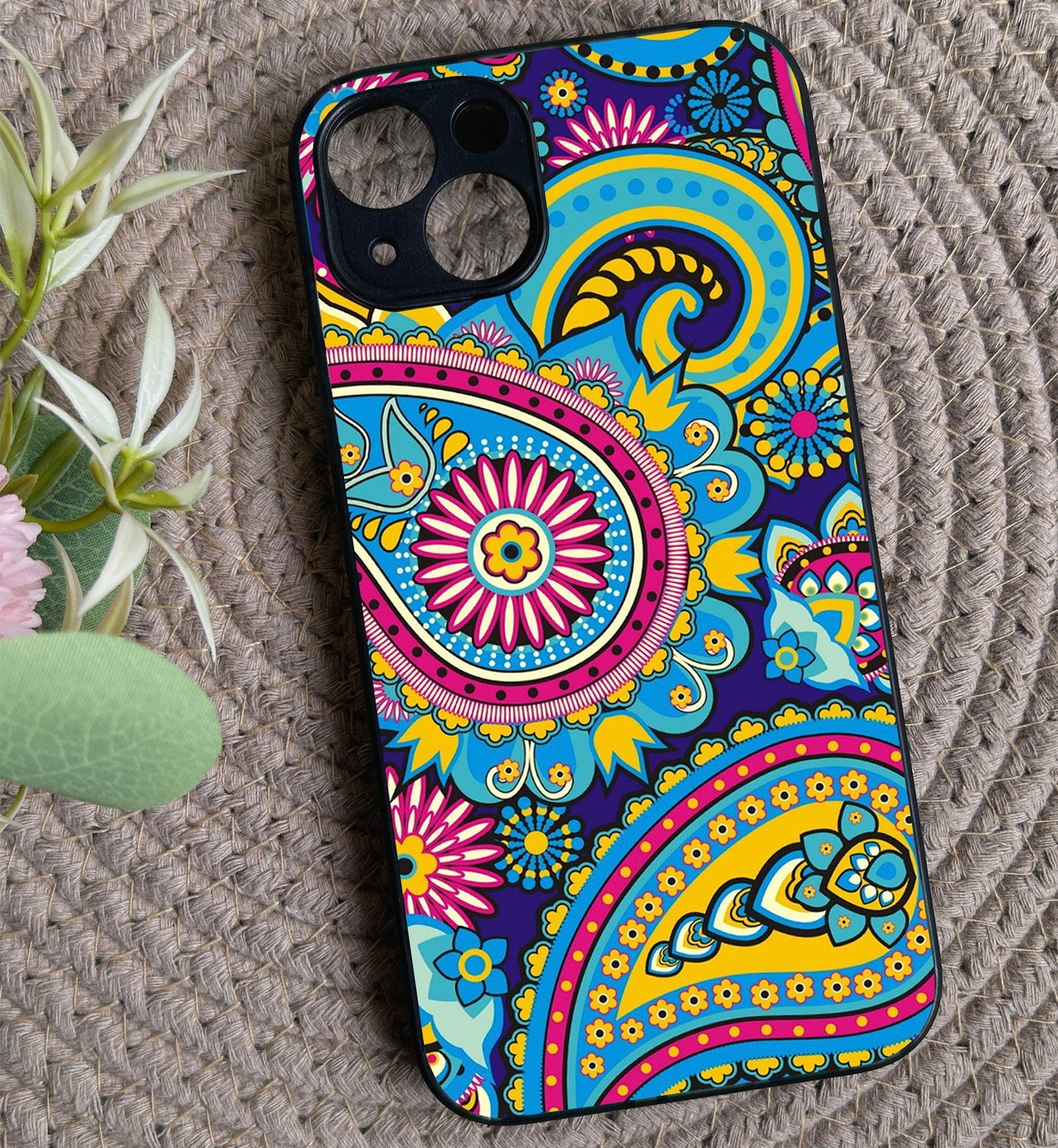 Phulkari Pattern Glossy Metal Back Case for Apple Iphone 13