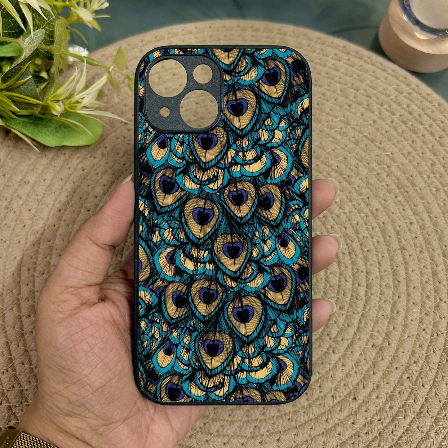 Peacock Feathers Metal Back Case for Apple Iphone 15 Plus