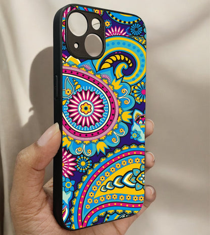 Phulkari Pattern Glossy Metal Back Case for Apple Iphone 13